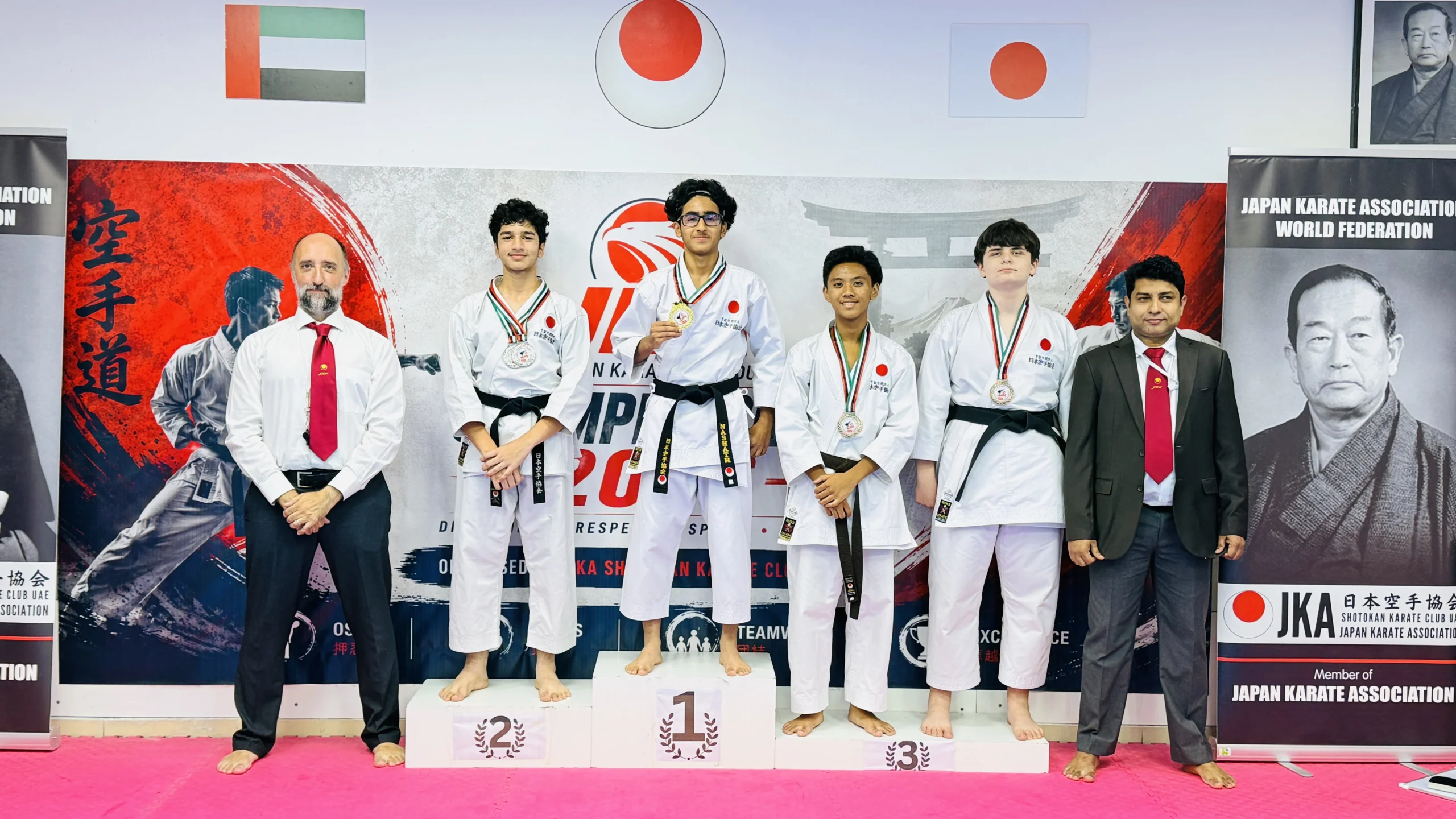 Boys performing kata during a karate championship at Shotokan Karate Club Dubai